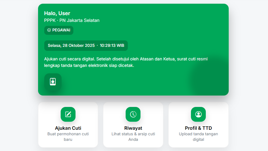 Tangkapan layar Pengajuan Cuti, Izin Keluar kantor, terlambat, dan tidak masuk